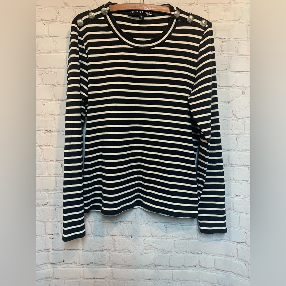 Veronica Beard Mayer Black and White Striped Silver Button Military Top XL